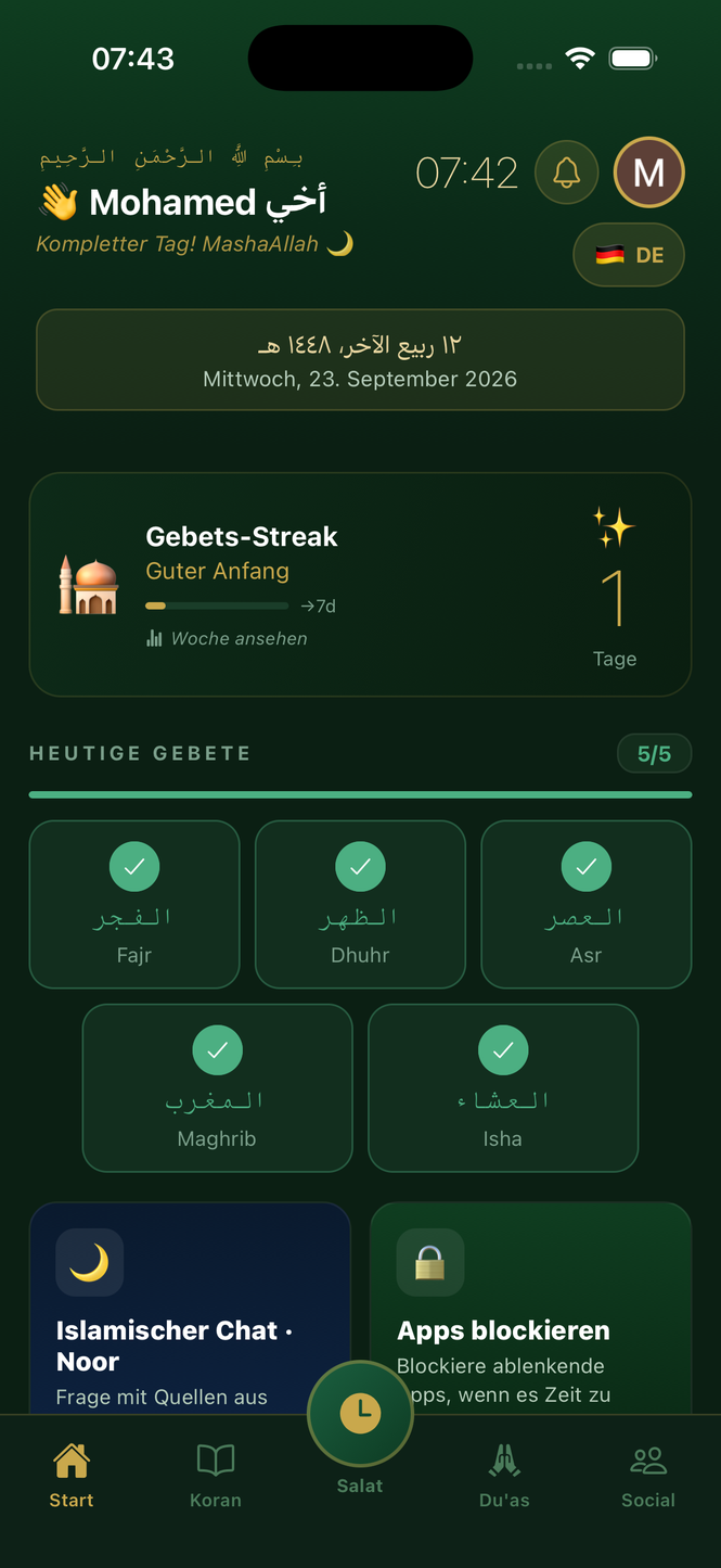 Startbildschirm der Taqwa-App mit dem nächsten Gebet und dem spirituellen Dashboard