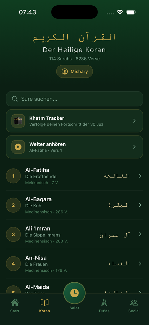 Koranverzeichnis in Taqwa mit den 114 Suren, Khatm Tracker und Rezitatoren