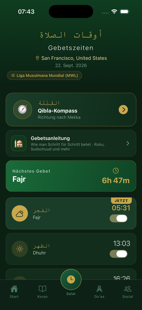 Gebetszeiten in Taqwa mit Countdown bis zum nächsten Gebet