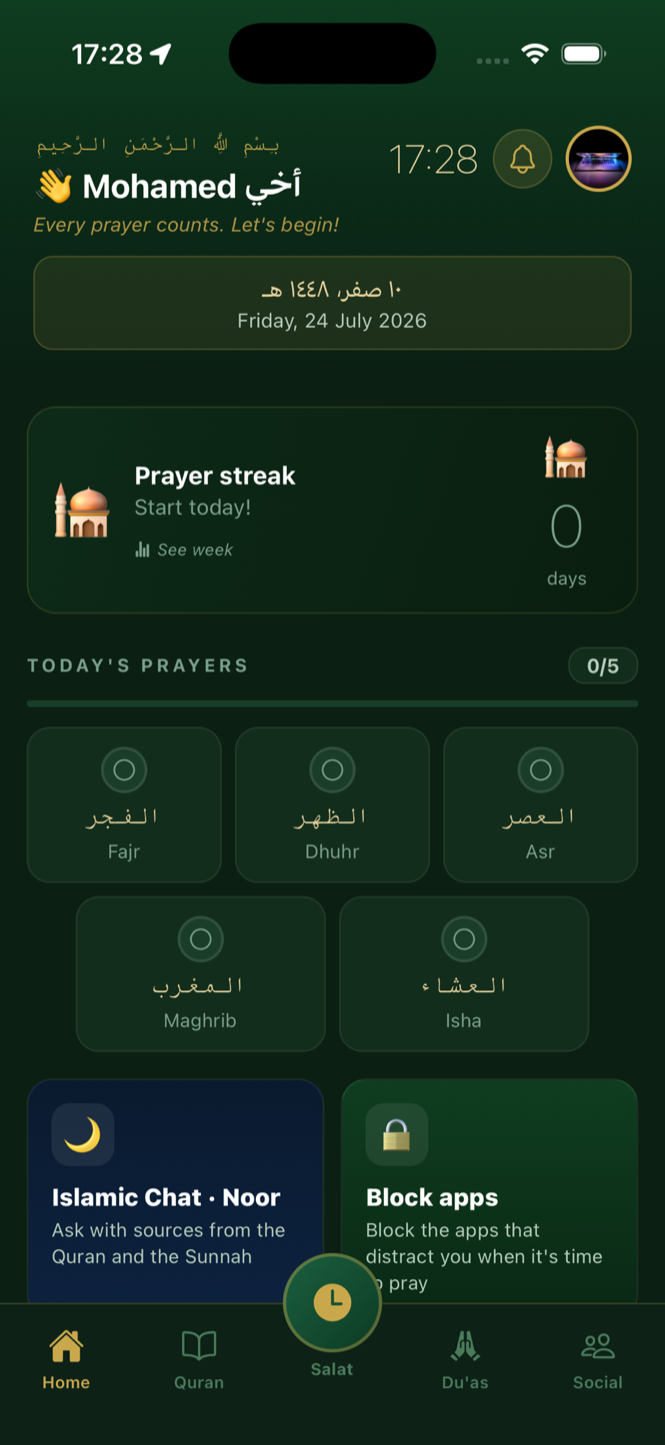 Taqwa app home screen with the next prayer and spiritual dashboard