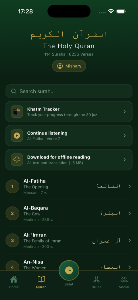 Taqwa Quran index with the 114 surahs, Khatm Tracker and reciters