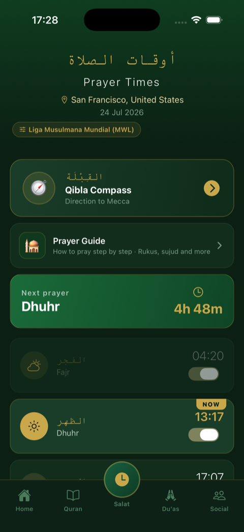 Prayer times in Taqwa with a countdown to the next salat