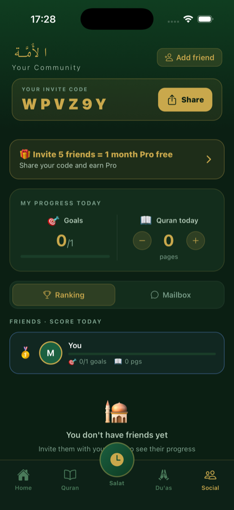 Taqwa's Ummah community: invite friends, track your daily progress and compete on the ranking