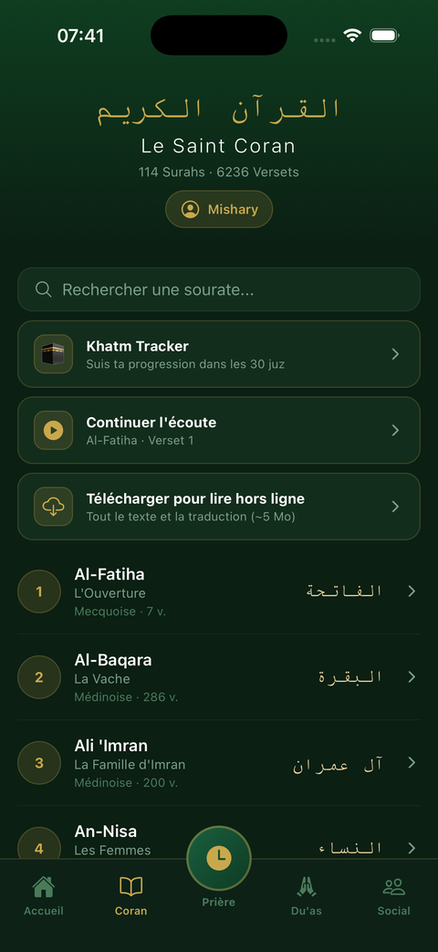 Index du Coran dans Taqwa avec les 114 sourates, le Khatm Tracker et les récitateurs