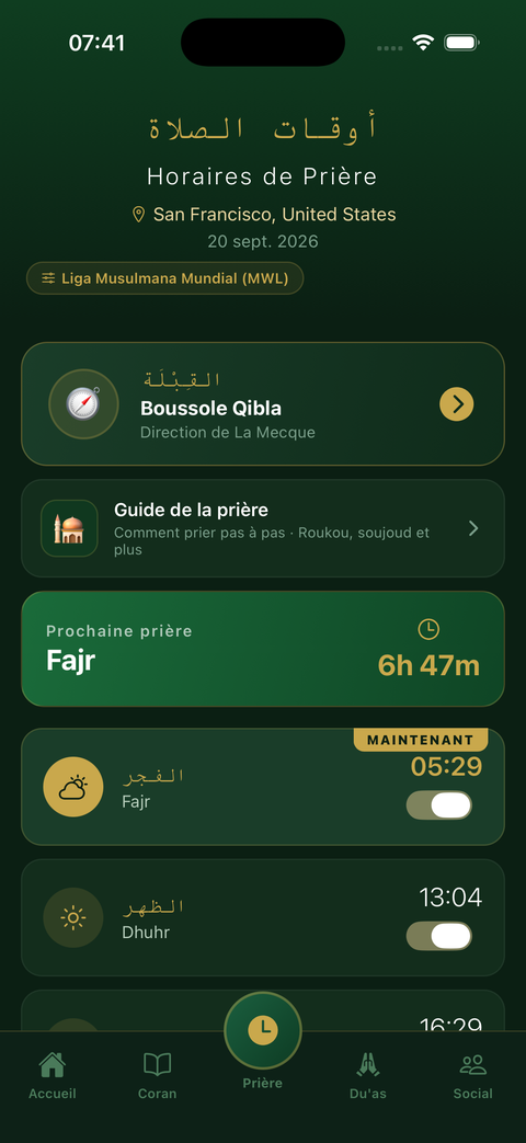Horaires de prière dans Taqwa avec le compte à rebours jusqu'à la prochaine prière