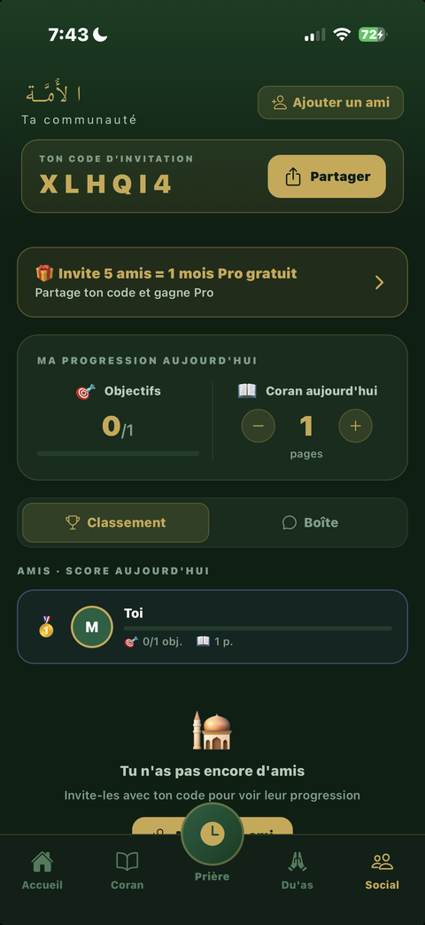 Communauté Ummah de Taqwa : invite des amis, suis ta progression du jour et grimpe dans le classement