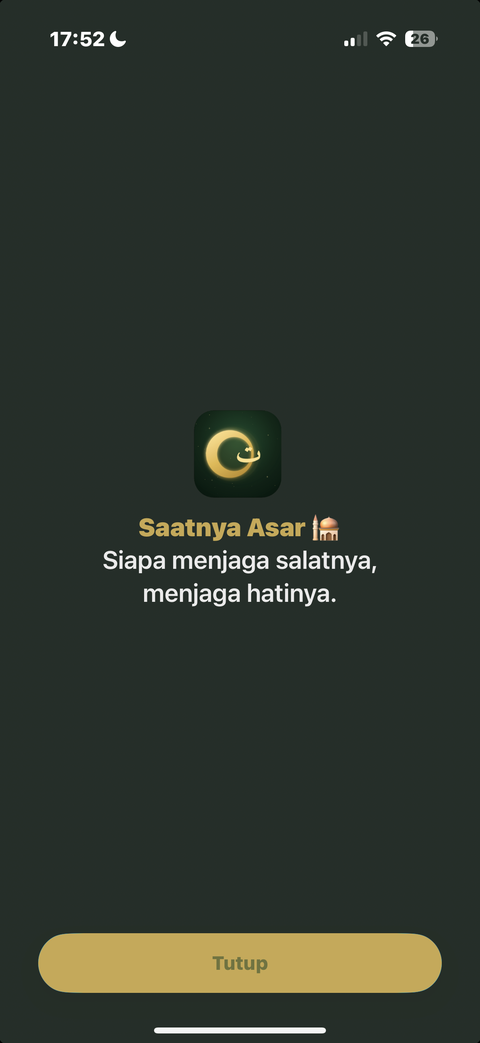Layar blokir aplikasi Taqwa yang mengingatkan waktu Asar