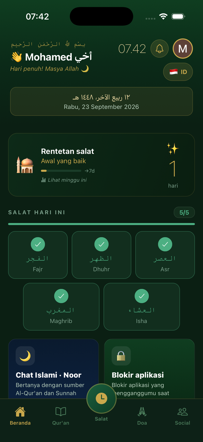Layar utama aplikasi Taqwa dengan salat berikutnya dan dasbor spiritual