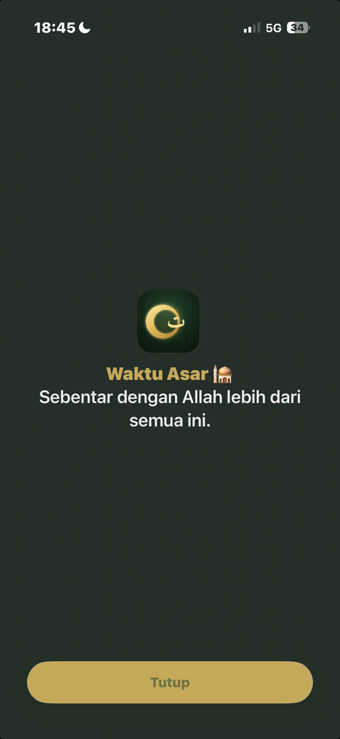Skrin sekatan app Taqwa yang mengingatkan waktu Asar