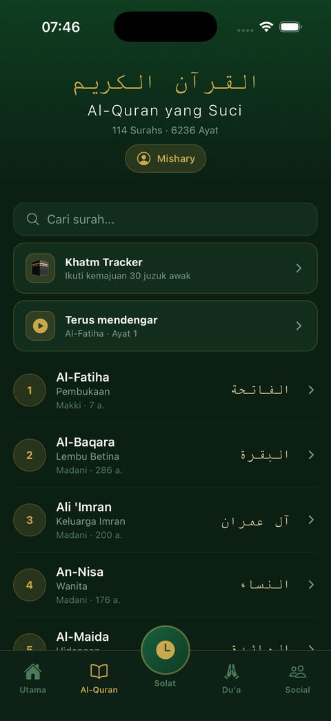 Indeks Al-Quran dalam Taqwa dengan 114 surah, Khatm Tracker dan qari