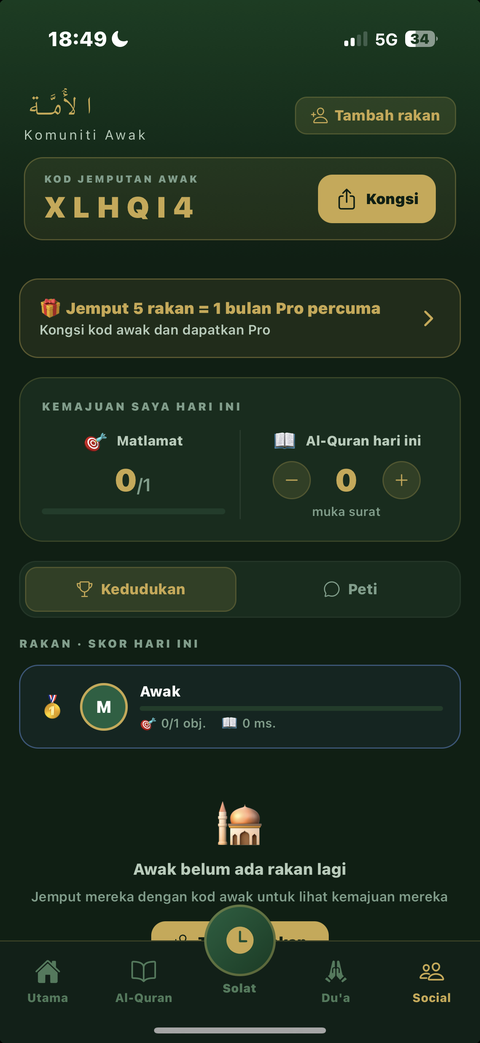 Komuniti Ummah Taqwa: jemput rakan, ikuti kemajuan harian awak dan bersaing dalam kedudukan
