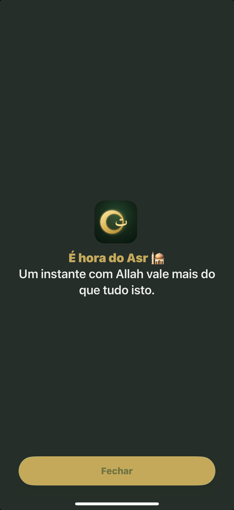 Ecrã de bloqueio de apps do Taqwa a lembrar a hora do Asr