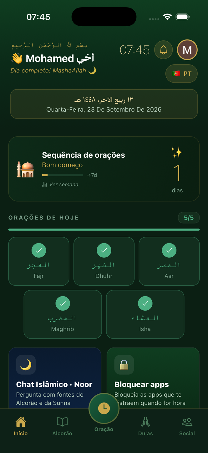 Ecrã principal da app Taqwa com a próxima oração e o painel espiritual