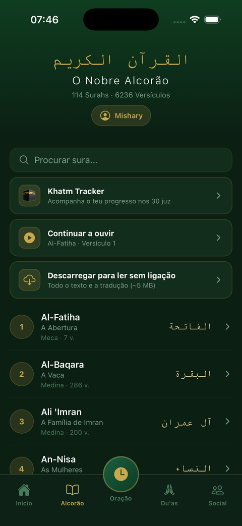 Índice do Alcorão no Taqwa com as 114 suras, o Khatm Tracker e os recitadores