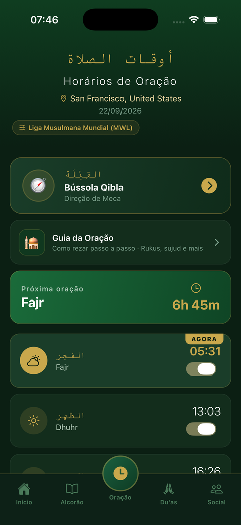 Horários de oração no Taqwa com contagem decrescente até à próxima oração