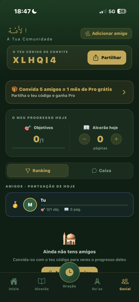 Comunidade Ummah do Taqwa: convida amigos, acompanha o teu progresso diário e compete no ranking