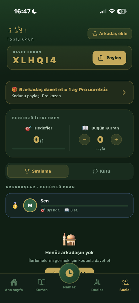 Taqwa'nın Ümmet topluluğu: arkadaşlarını davet et, günlük ilerlemeni takip et ve sıralamada yarış